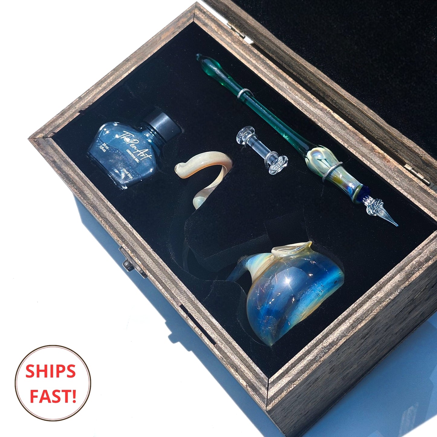 Avalon glass writing pen shown with engraved box, ideal for birthdays, anniversaries, or holiday gifting.