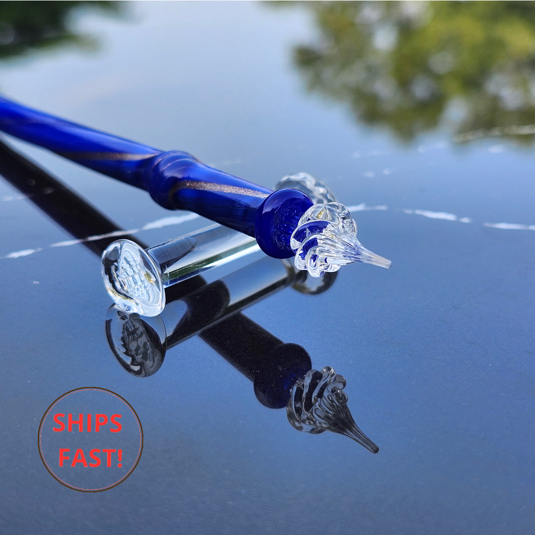 Handmade blue glass dip pen Mistral from Luxury Series with golden shimmer.