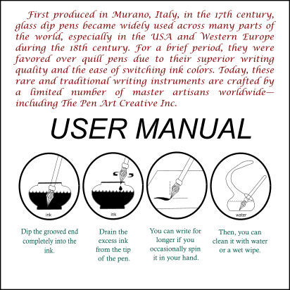 Detailed usage image showing how to hold and dip a glass pen