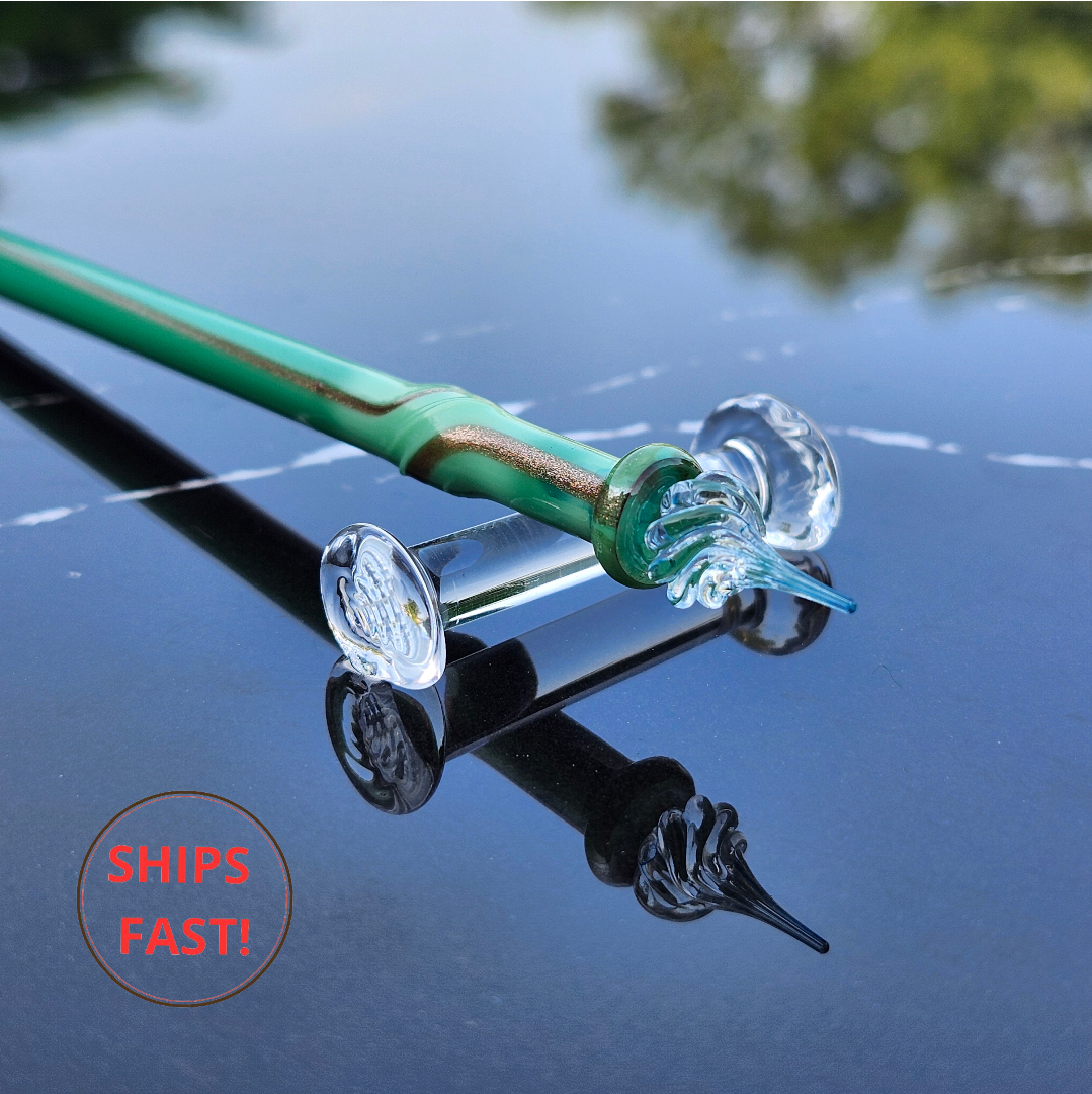 Handmade turquoise glass dip pen Everin from Luxury Series with golden shimmer.