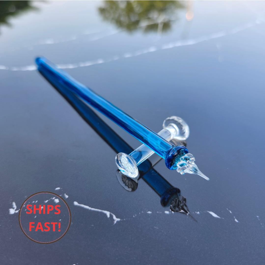 Full luxury writing set with cerulean pen, ink bottle, and glass rinse globe in tray