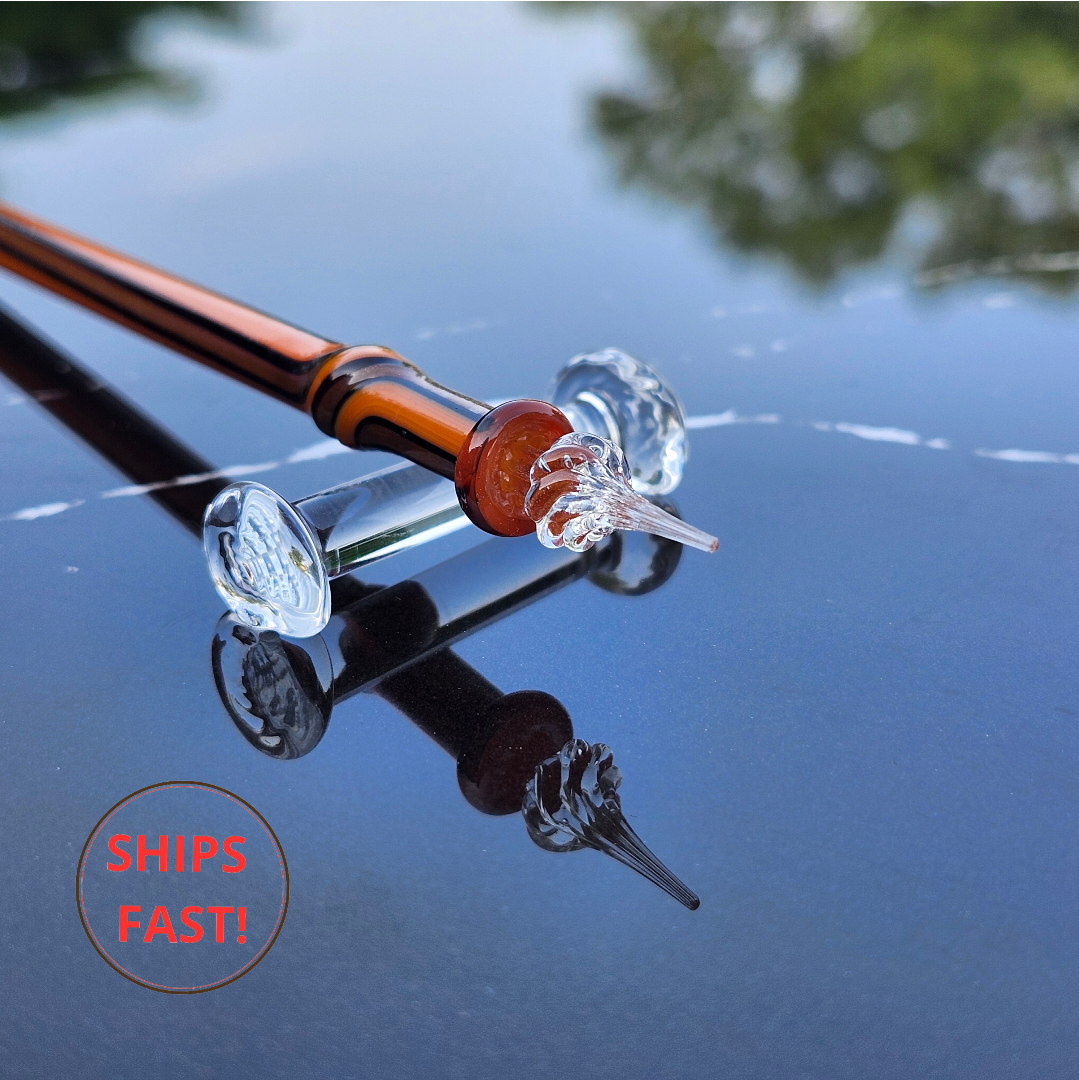 Handmade crimson glass dip pen Ardor from Luxury Series with golden shimmer.