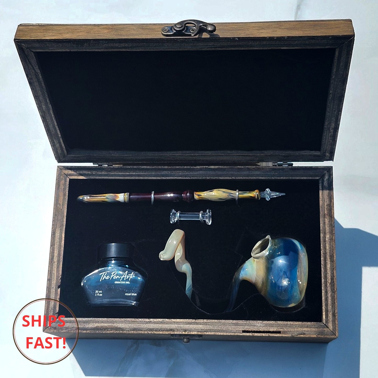 Artisan calligraphy pen in a luxury gift box with ink and pen rest