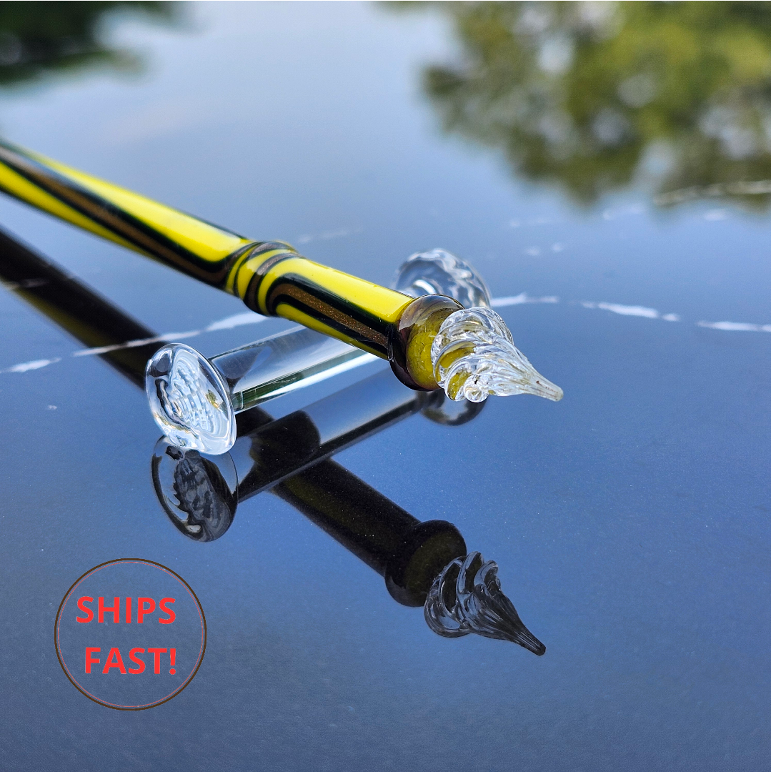 Handmade yellow glass dip pen Volt from Luxury Series with golden shimmer.