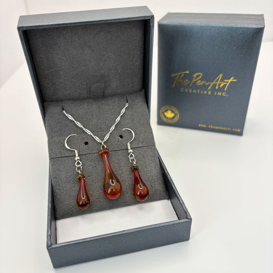 Amber Glass Jewelry Set – Handmade Teardrop Pendant & Sterling Silver Earrings