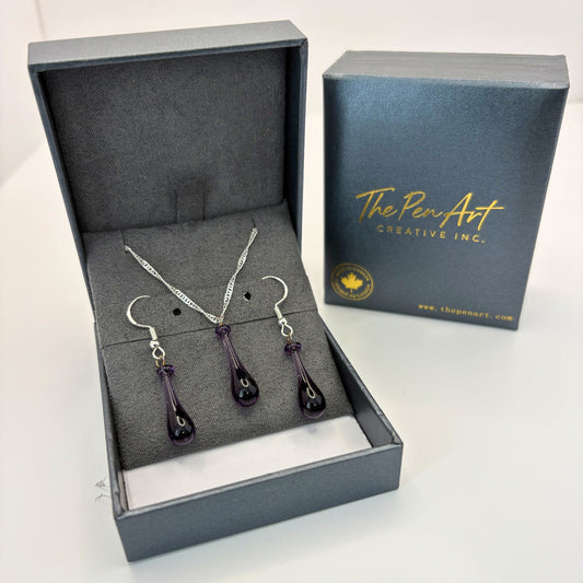 Amethyst Crystal Glass Jewelry Set – Handmade Teardrop Pendant & Sterling Silver Earrings