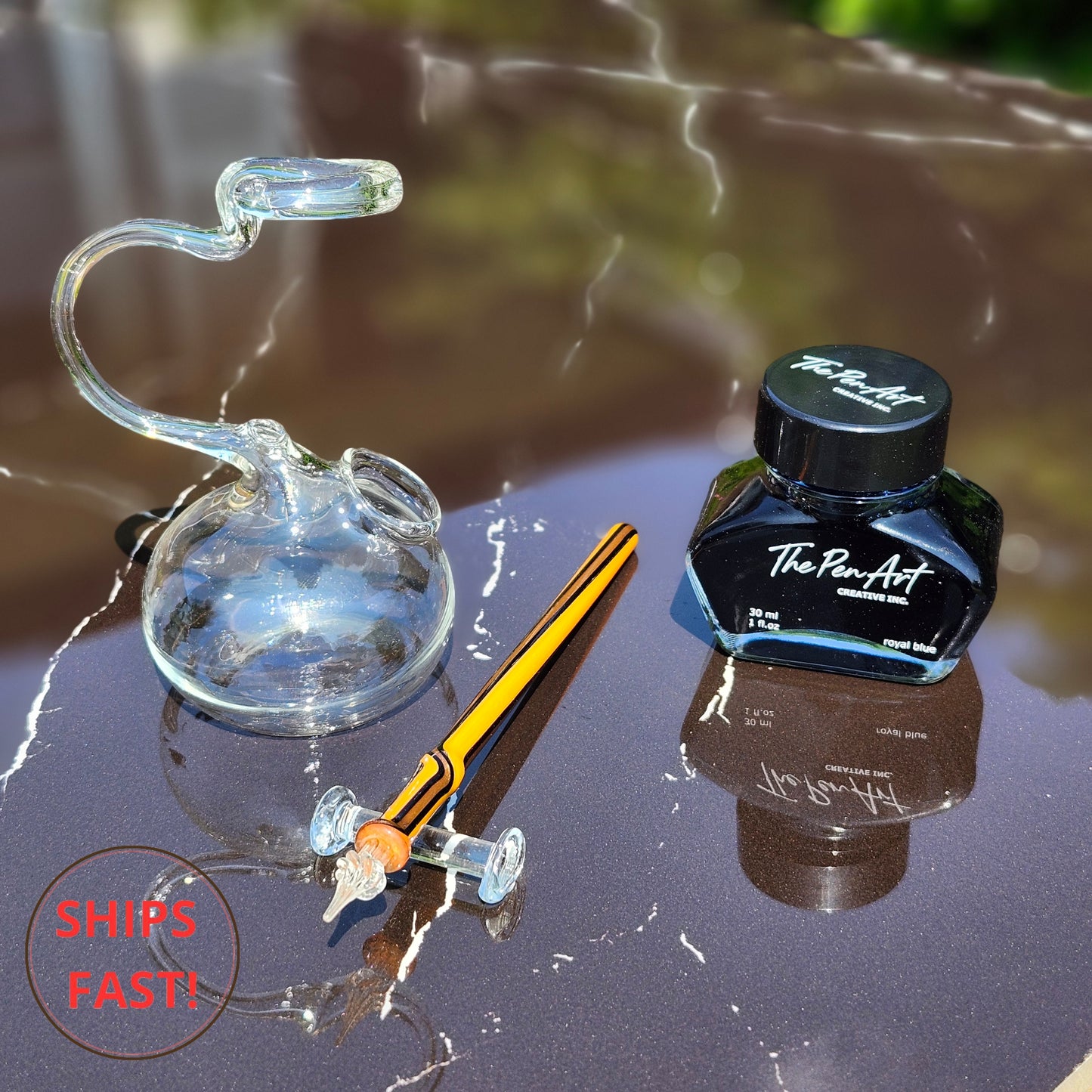 Handmade Ardor reddish tile-toned glass dip pen set with golden shimmer, ink cleaning orb, and pen rest