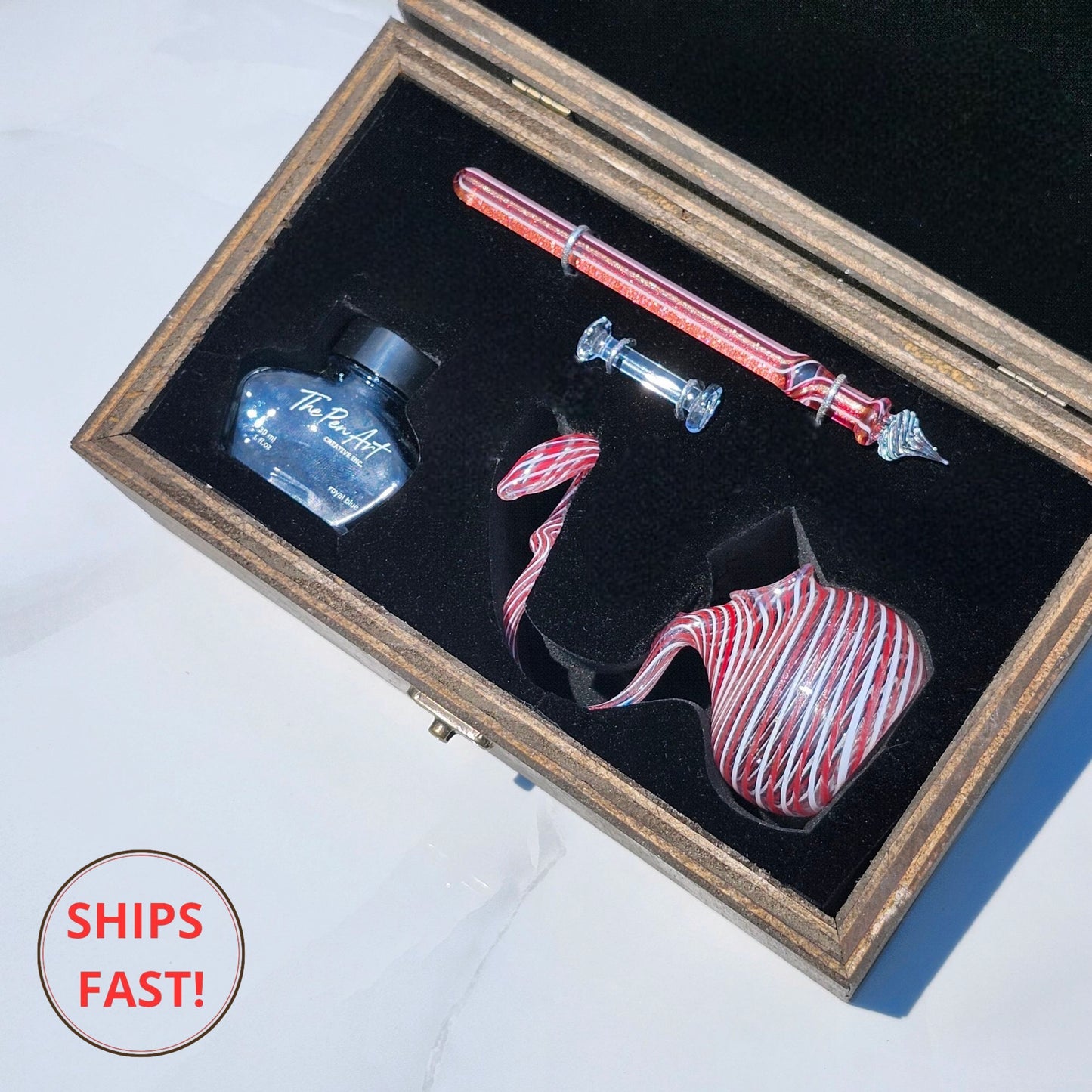 Luxury handcrafted crimson stripe glass dip pen set ideal for writers and artists