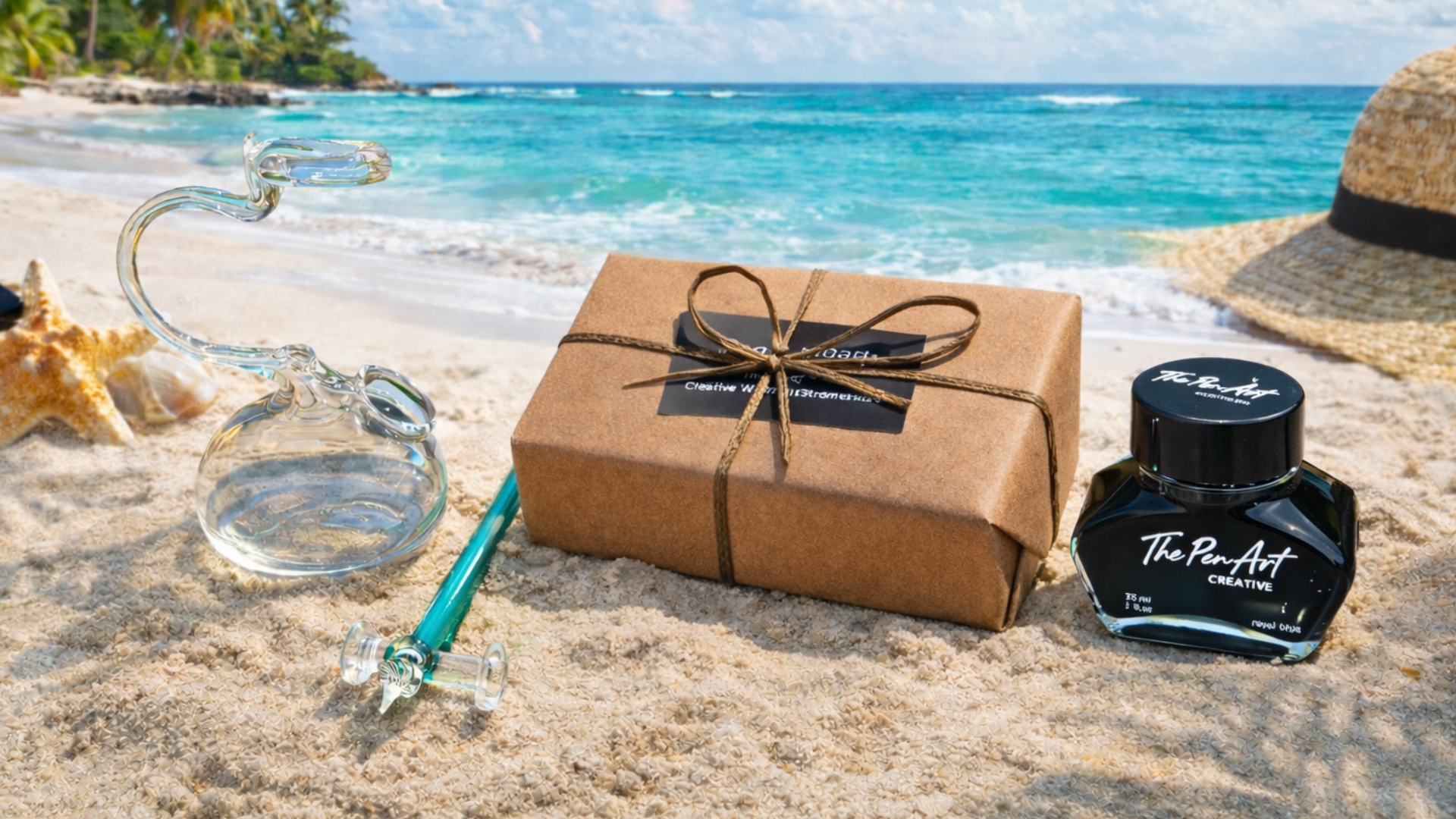 Handmade glass dip pen from the Ballad Series displayed with ink bottle and gift box on a beach-inspired setting, crafted by The Pen Art Creative.