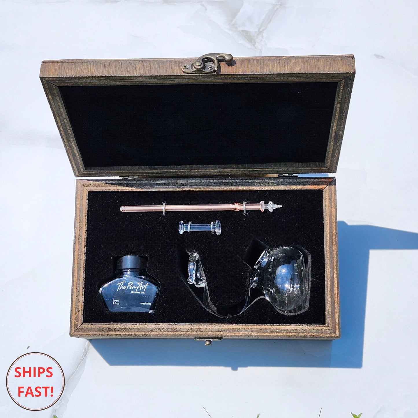 Ballad Series Lace pink glass dip pen displayed in a personalized wooden gift box