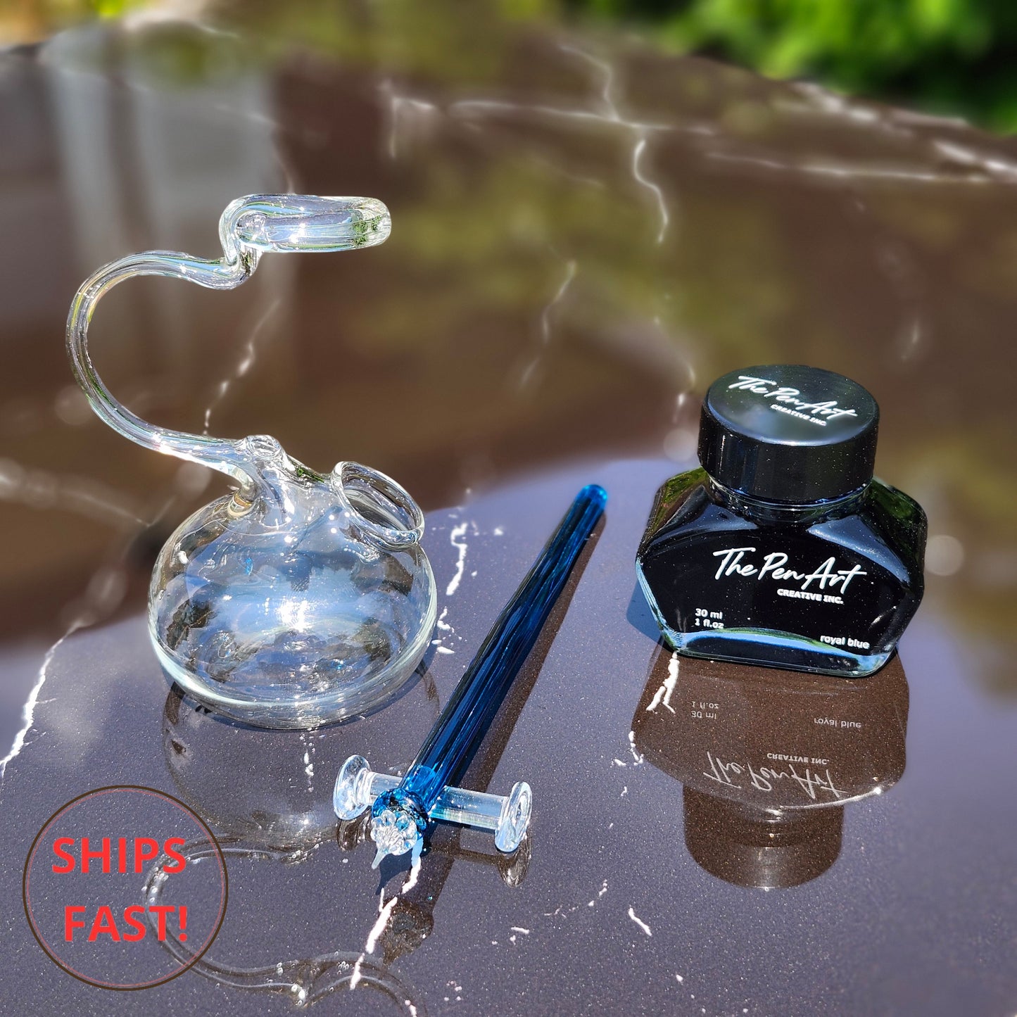 Handmade Cerulean sky-blue glass dip pen set with ink cleaning orb and pen rest