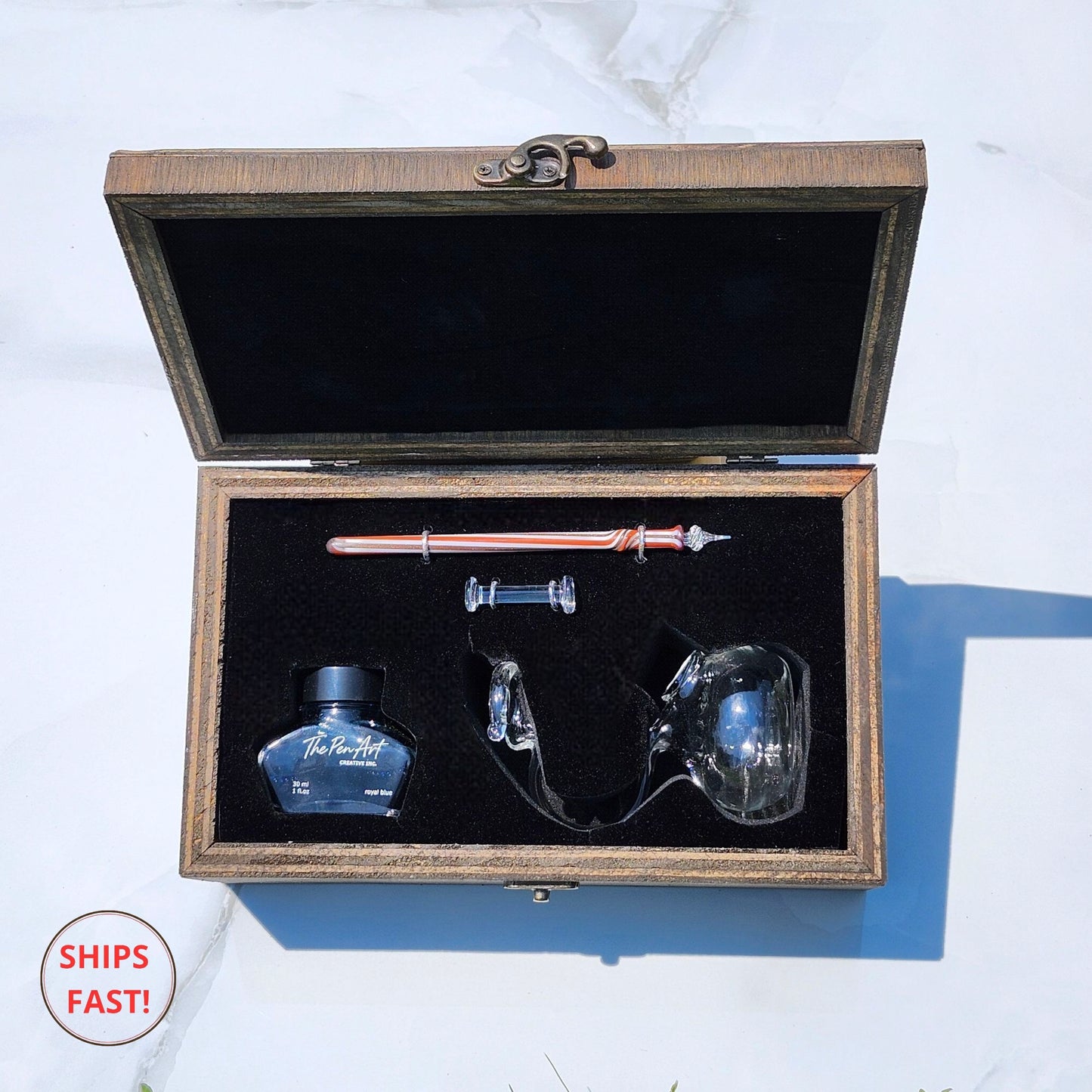 Elegance Series Isareth dip pen displayed in a personalized wooden wedding gift box