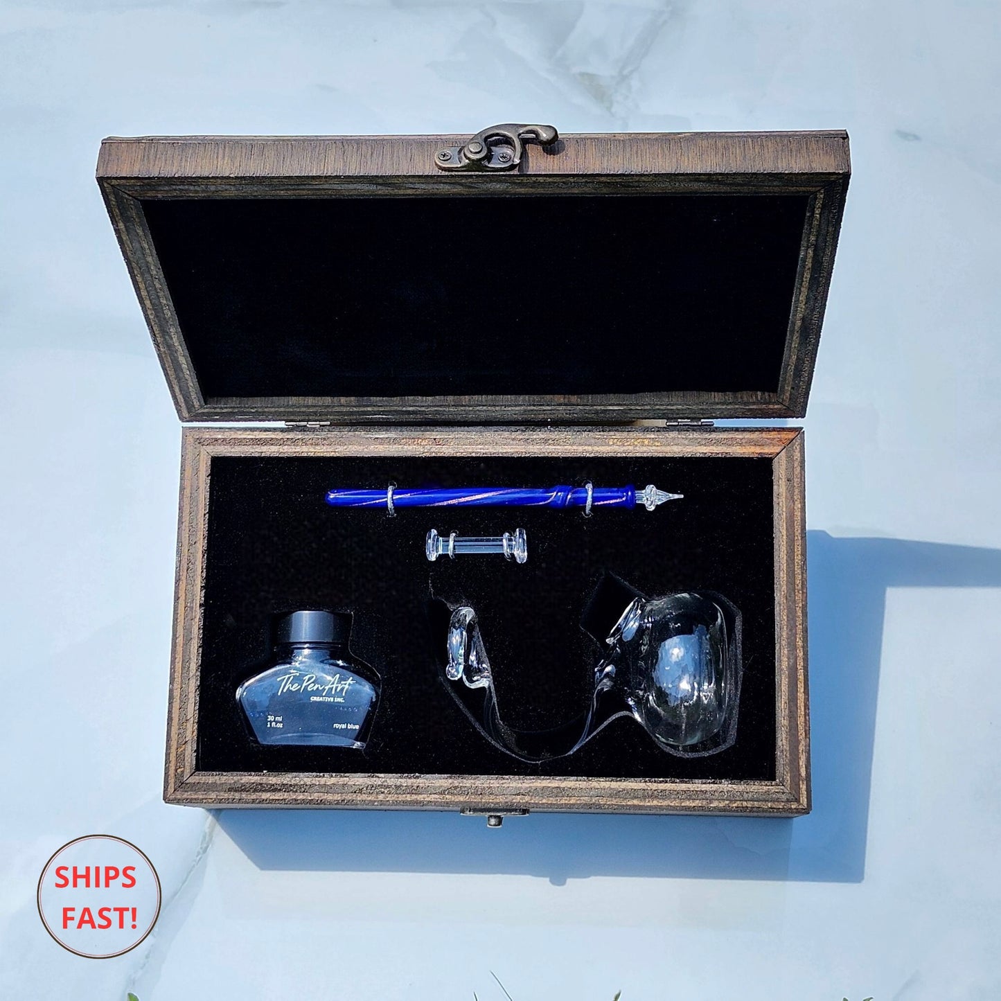 Luxury Mistral blue glass pen set displayed in a personalized wooden gift box