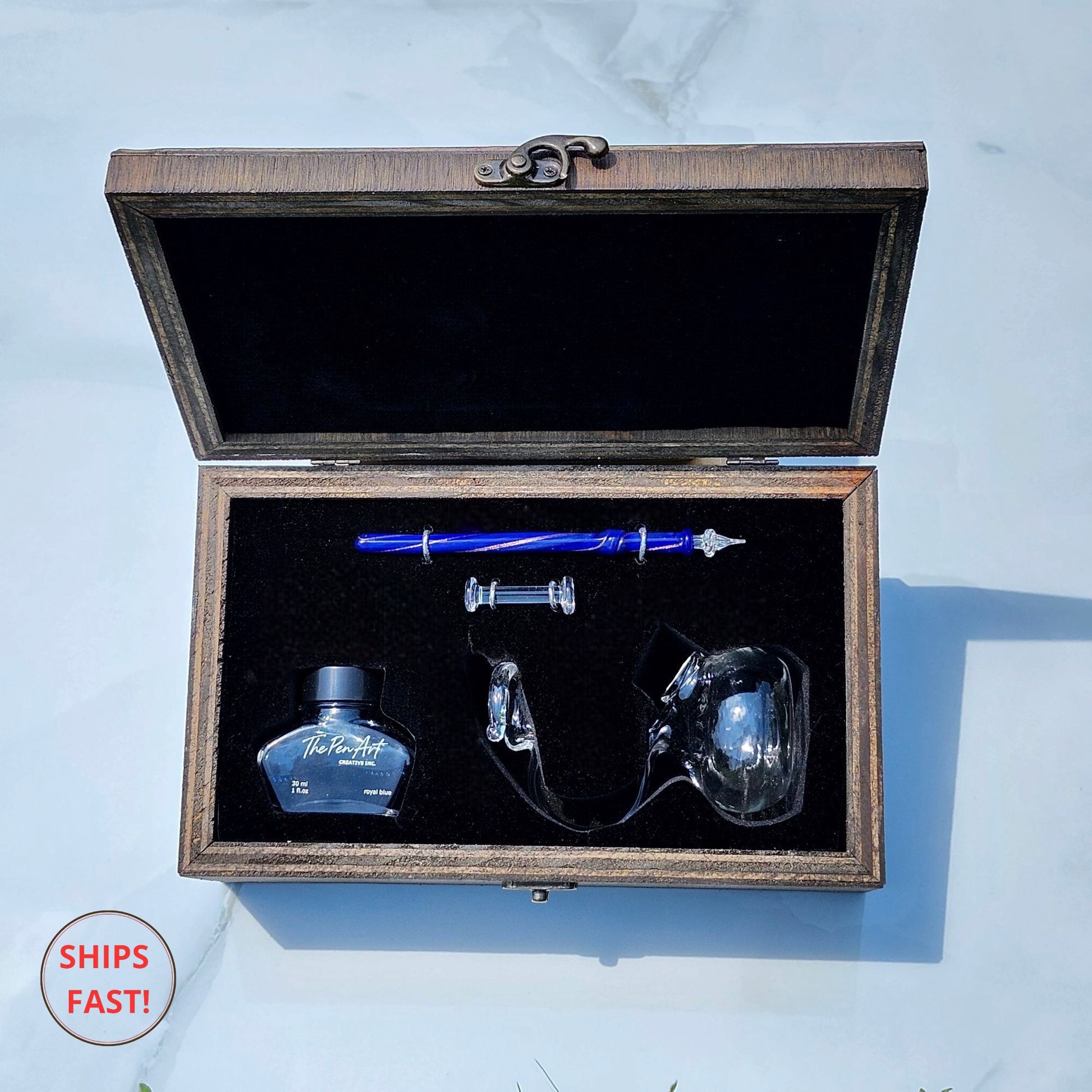 Luxury Mistral blue glass pen set displayed in a personalized wooden gift box