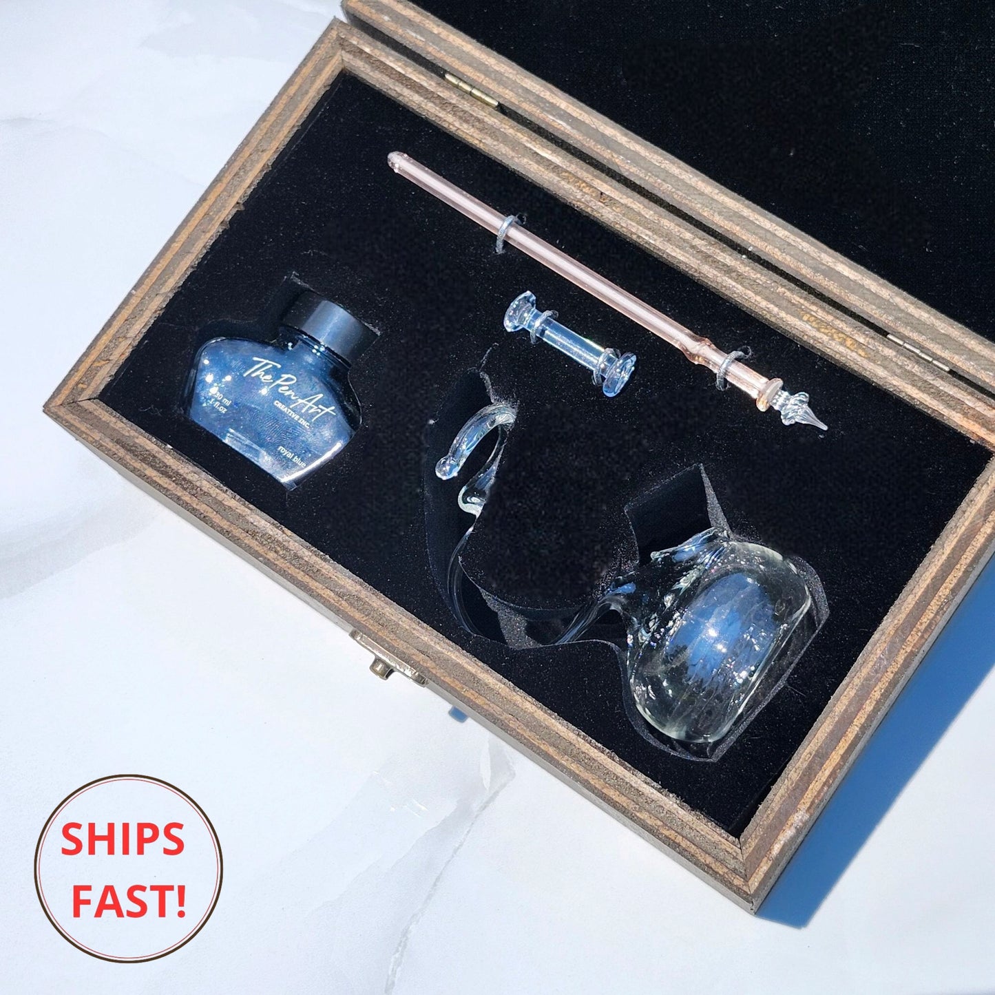 Elegant handcrafted Lace pen with pink crystal glass, ink bottle, and orb included