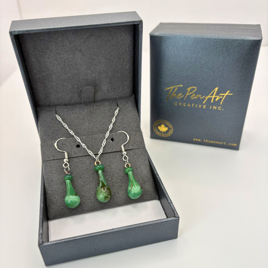 Emerald Green Glass Jewelry Set – Handmade Teardrop Pendant Necklace & Earrings Gift