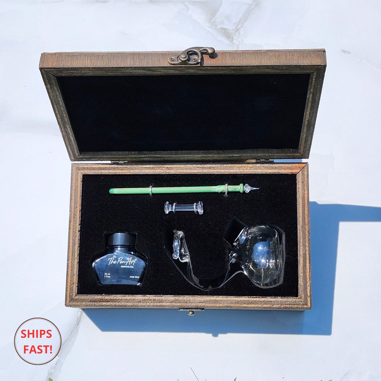 Luxury Everin anniversary pen displayed in a personalized wooden gift box with ink and orb