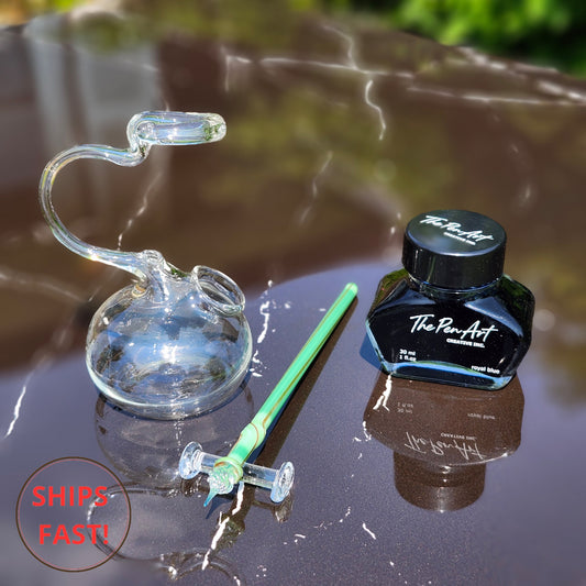 Handmade Everin green glass dip pen set with golden shimmer, personalized wooden box, and pen rest