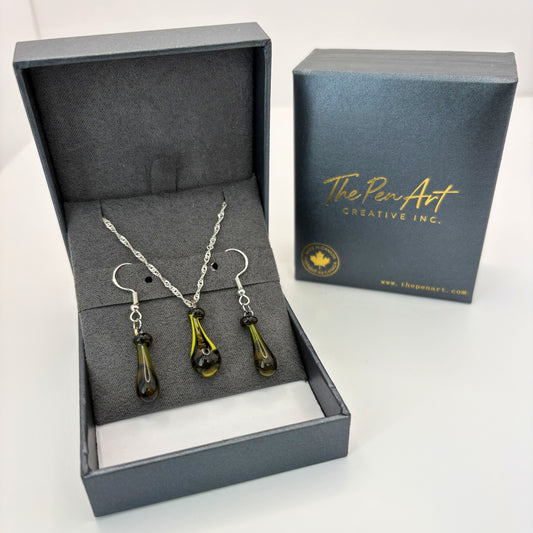 Golden Earth Glass Jewelry Set – Handmade Teardrop Pendant Necklace & Earrings