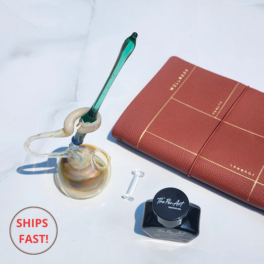 Elegant handmade Avalon glass dip pen with gift box and personalization, perfect for retirement or anniversary gifts.