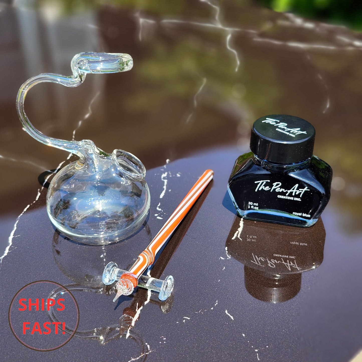 Handmade Isareth red and white striped glass dip pen set with ink, personalized wooden box, and pen rest