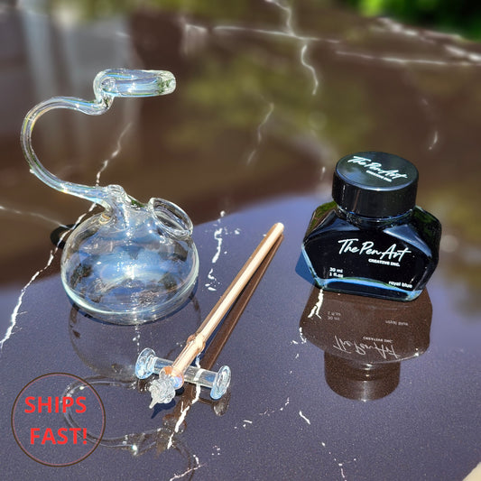 Handmade Lace pink glass dip pen set with ink, personalized wooden box, and pen rest