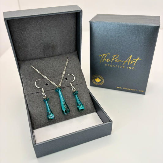 Turquoise Teardrop Glass Jewelry Set – Handmade Sterling Silver Pendant & Earrings Gift for Her