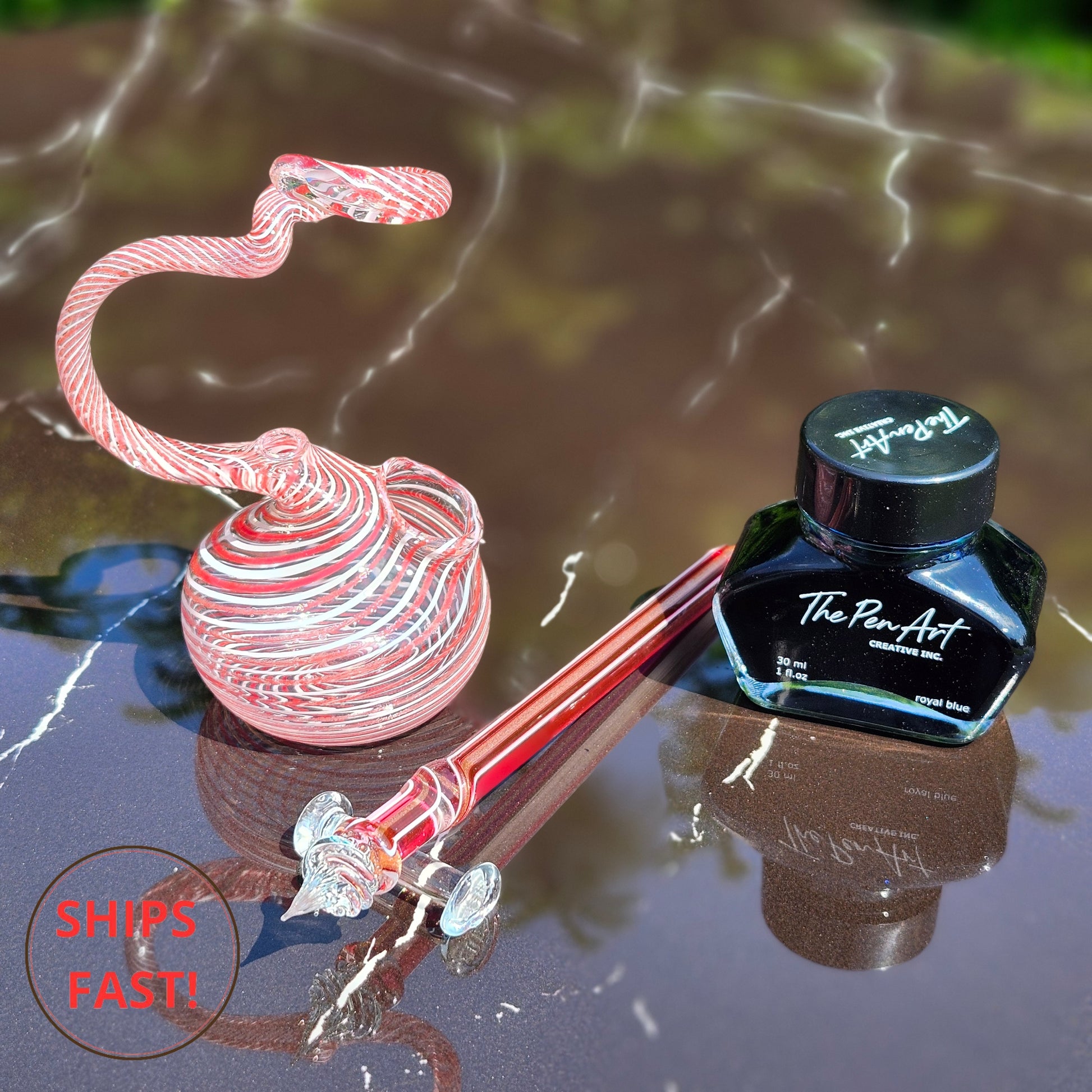 Handmade Maplen crimson stripe glass dip pen set with ink, personalized wooden box, and pen rest