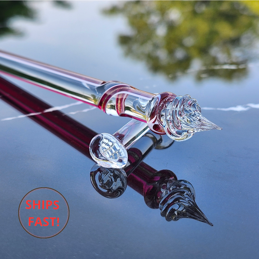 High-clarity rose-clear glass dip pen with crimson stripe, ideal for journaling gifts, Canada Day writing, or elegant holiday stationery.