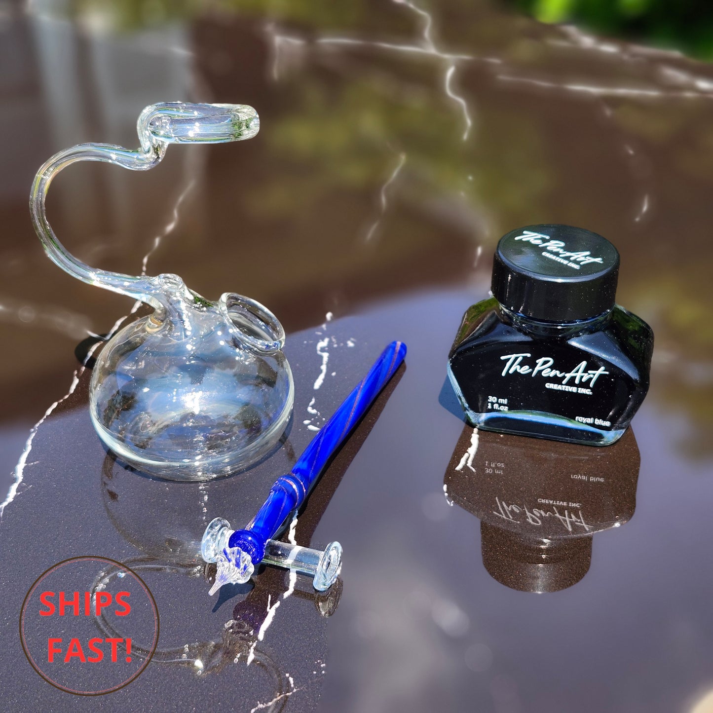 Handmade Mistral blue glass dip pen set with golden shimmer, personalized wooden box, ink, and pen rest