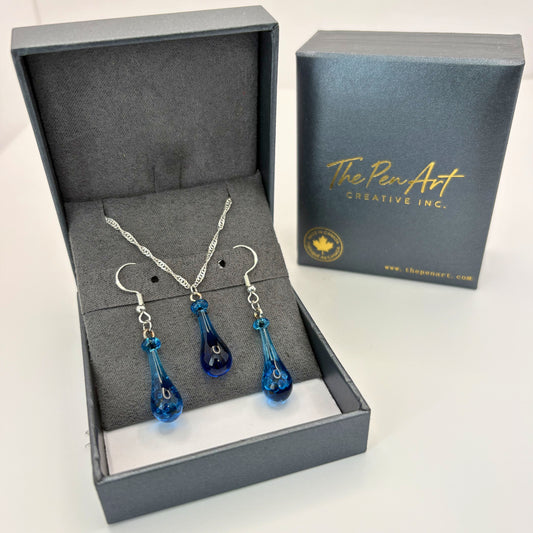 Ocean Blue Glass Jewelry Set – Handmade Teardrop Pendant & Earrings Ocean Gift