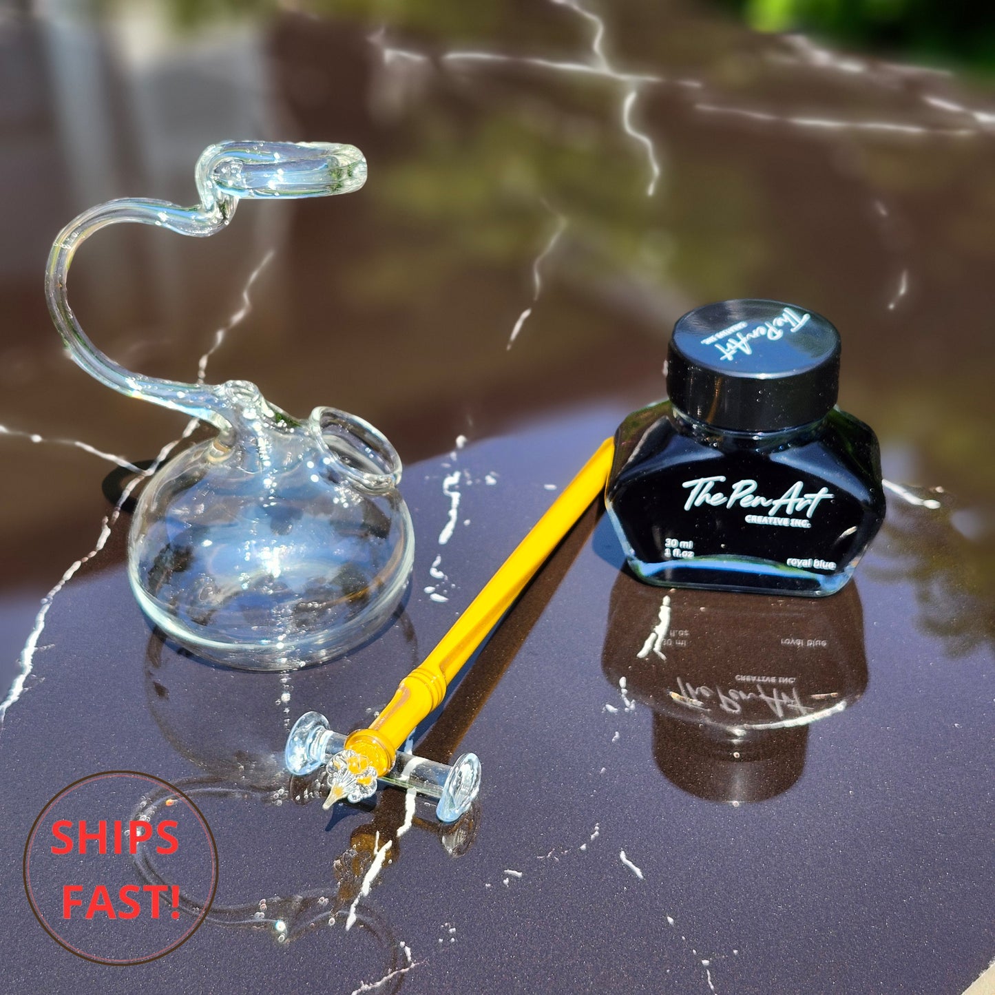 Handmade Oriel artisan glass dip pen set with golden ochre body and goldstone shimmer details