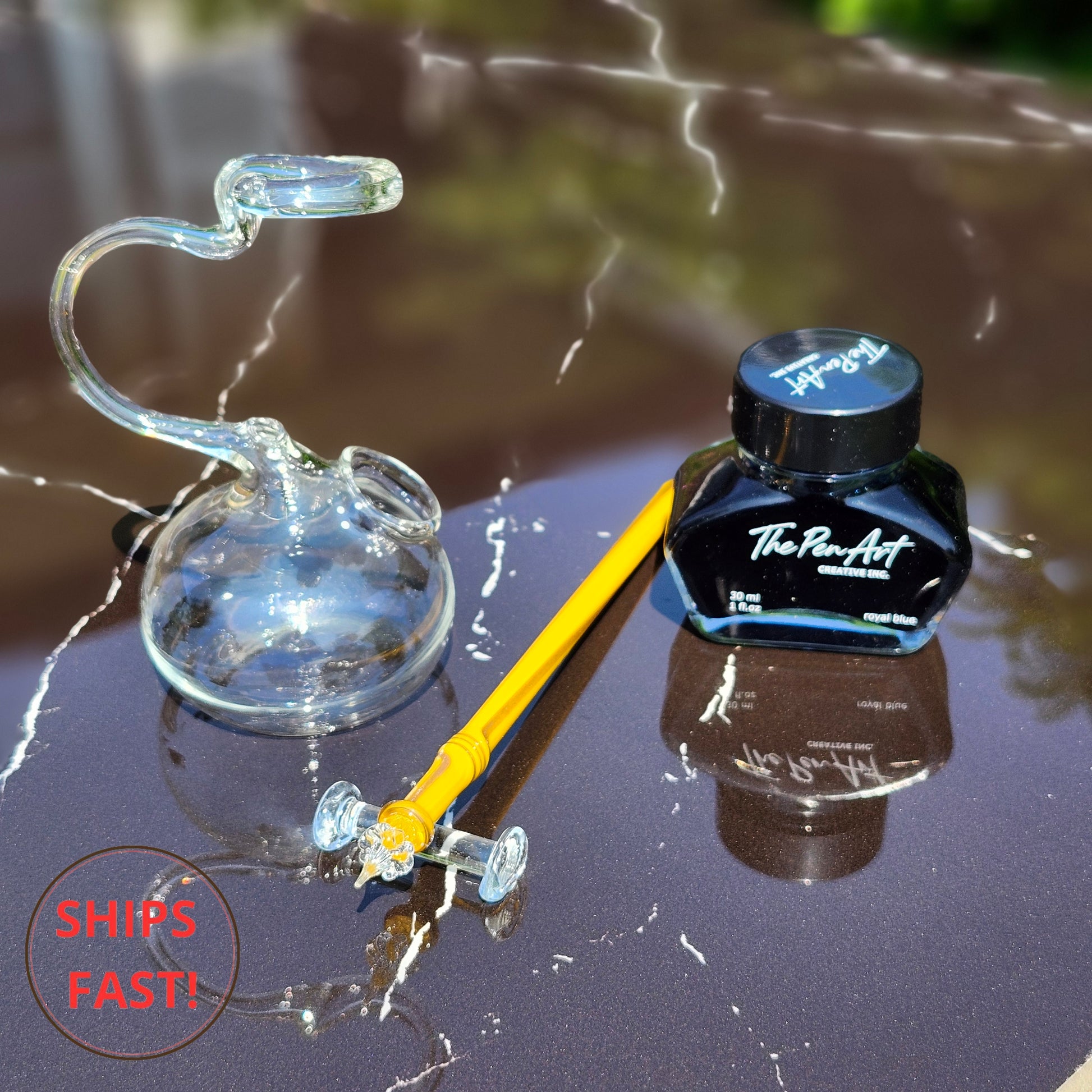 Handmade Oriel artisan glass dip pen set with golden ochre body and goldstone shimmer details