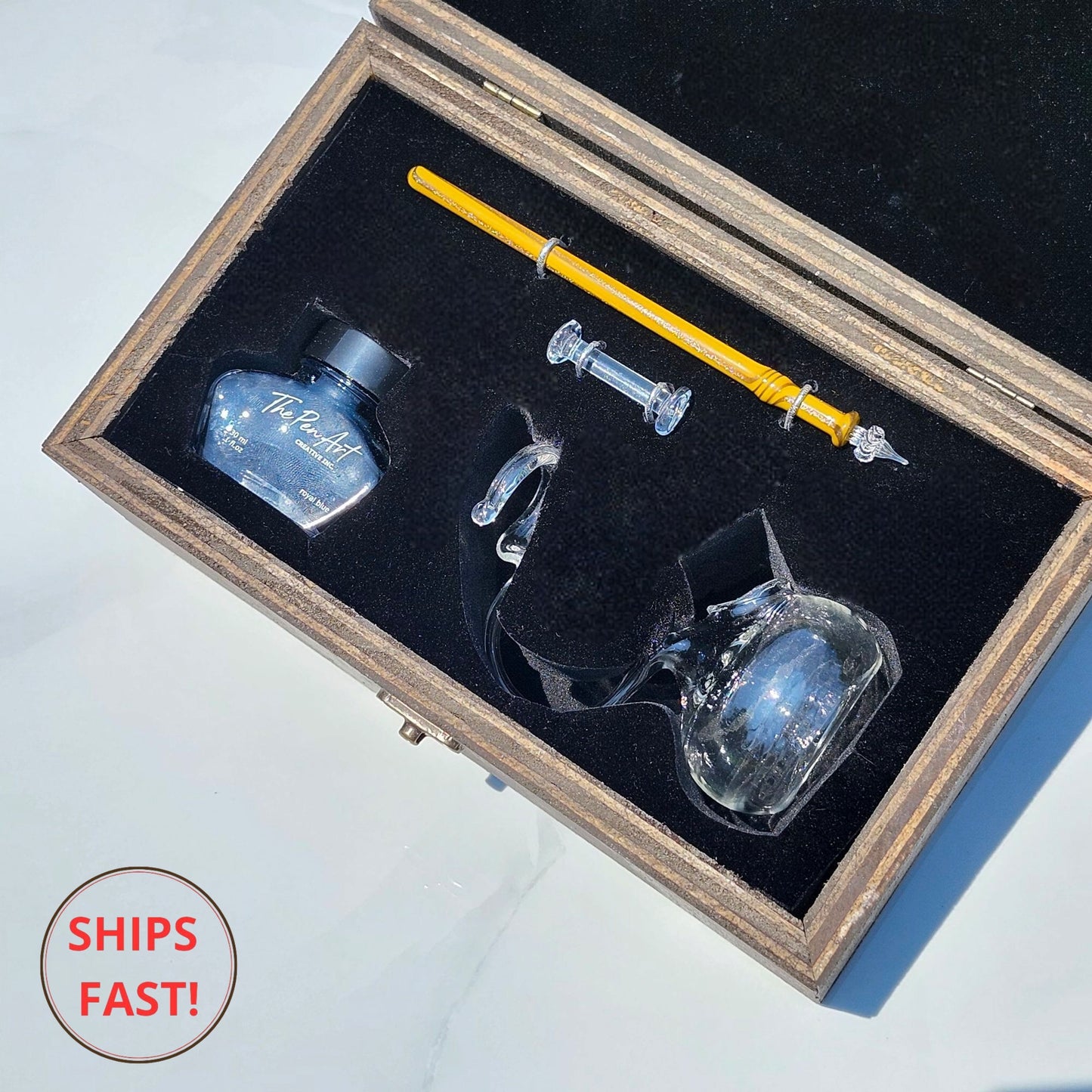 Elegant Oriel golden ochre glass dip pen set ideal for writers, collectors, and rare gift seekers