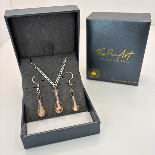 Rose Pink Glass Jewelry Set – Handmade Teardrop Pendant Necklace & Earrings