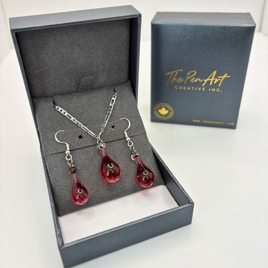 Ruby Red Glass Jewelry Set – Handmade Teardrop Pendant Necklace & Earrings