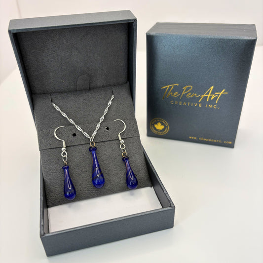 Royal Blue Glass Jewelry Set – Sapphire Inspired Teardrop Pendant & Earrings