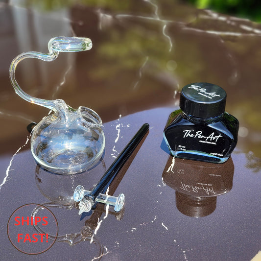 Handmade Shadow transparent glass dip pen set in storm-gray with ink cleaning orb and pen rest