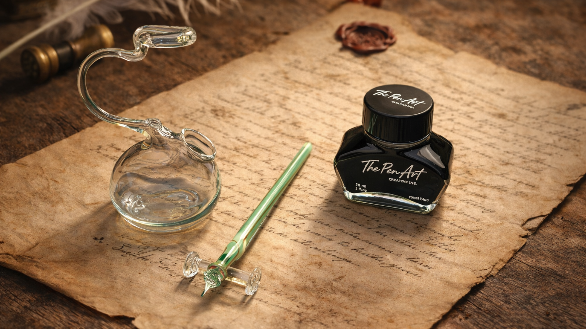 Luxury Series showcasing handcrafted glass writing instruments and ink set presented on an antique parchment in a refined, artisanal setting by The Pen Art Creative