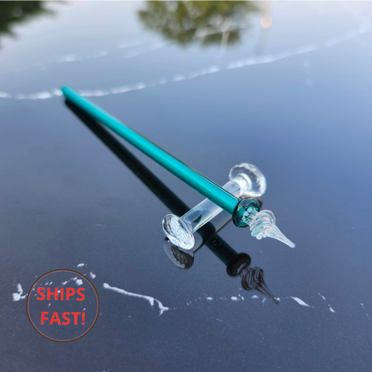 Handmade turquoise glass dip pen set with ink cleaning orb and elegant pen rest