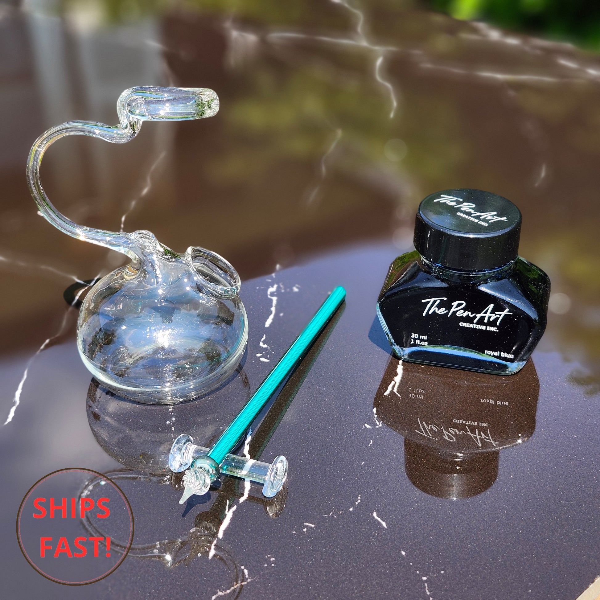 Unique crystal-inspired turquoise glass dip pen set with ink, personalized wooden box, and free shipping to Canada & USA