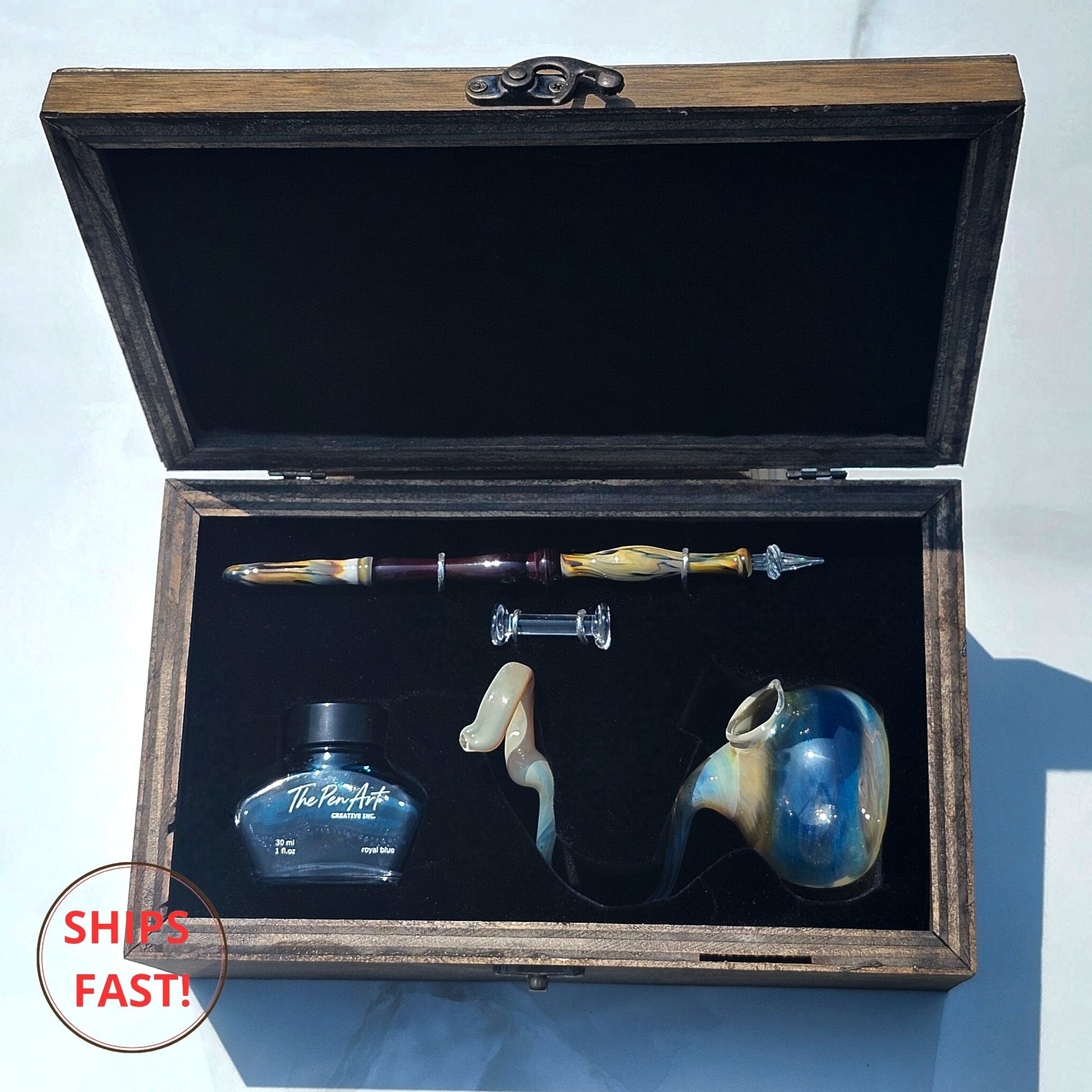 Artisan calligraphy pen in a luxury gift box with ink and pen rest
