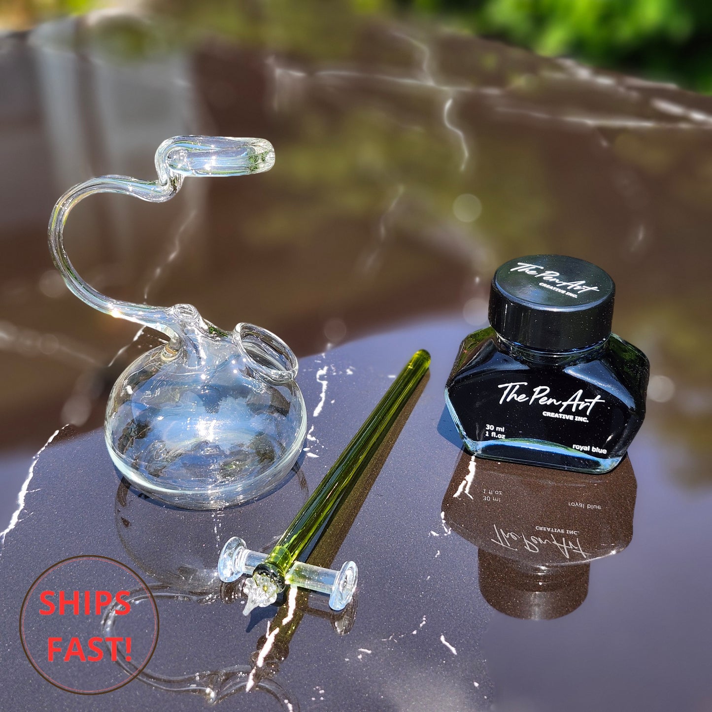 Handmade Verdant green transparent glass dip pen set with ink orb and pen rest for journaling