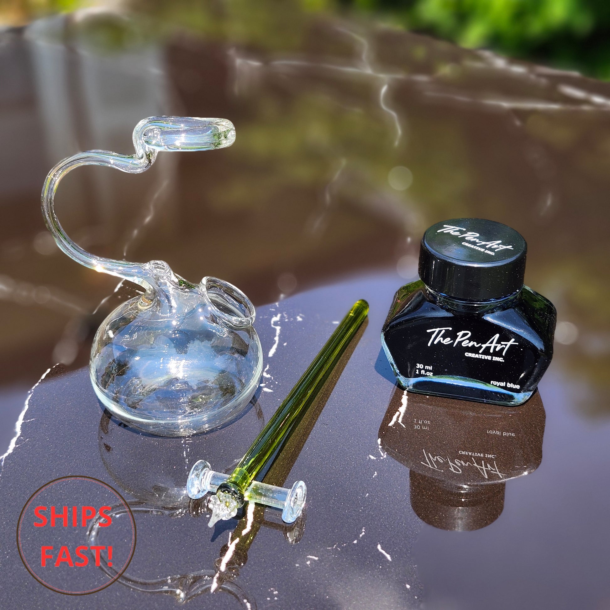 Handmade Verdant green transparent glass dip pen set with ink orb and pen rest for journaling