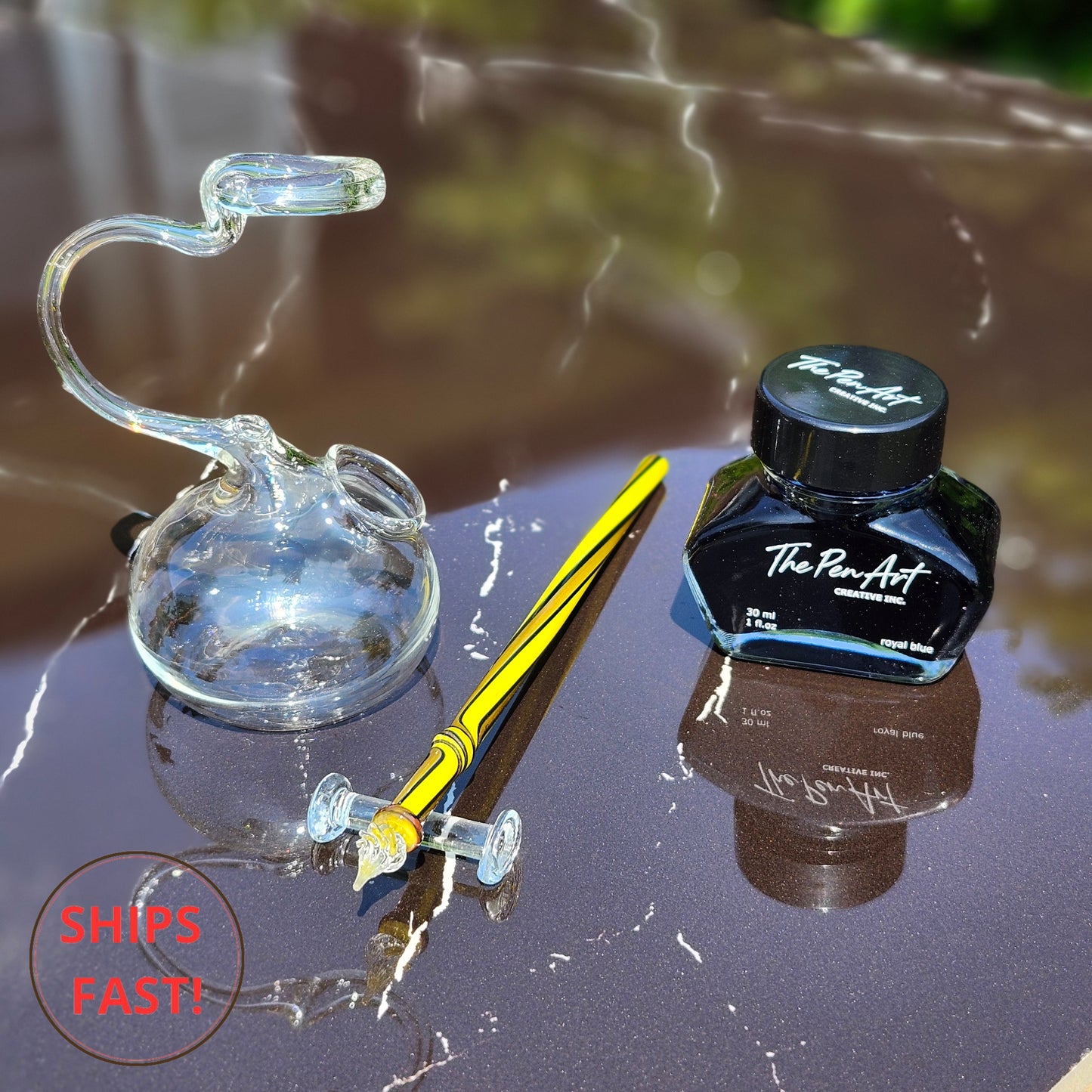 Handmade Volt yellow glass dip pen set glowing with golden shimmer and electric-inspired energy  