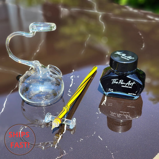 Handmade Volt yellow glass dip pen set glowing with golden shimmer and electric-inspired energy  